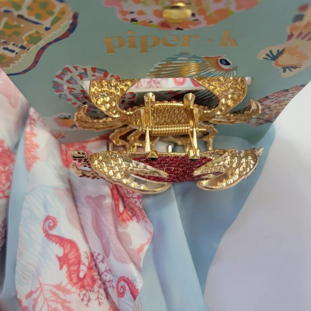 Piper K Coastal Scarf and Rhinestone CRAB Gold Hair Claw Clip Nautical SEA‎ LIFE